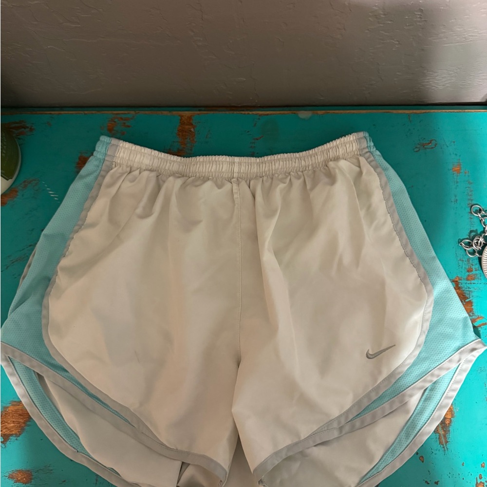 Women's White and Light Blue Nike Athletic Shorts